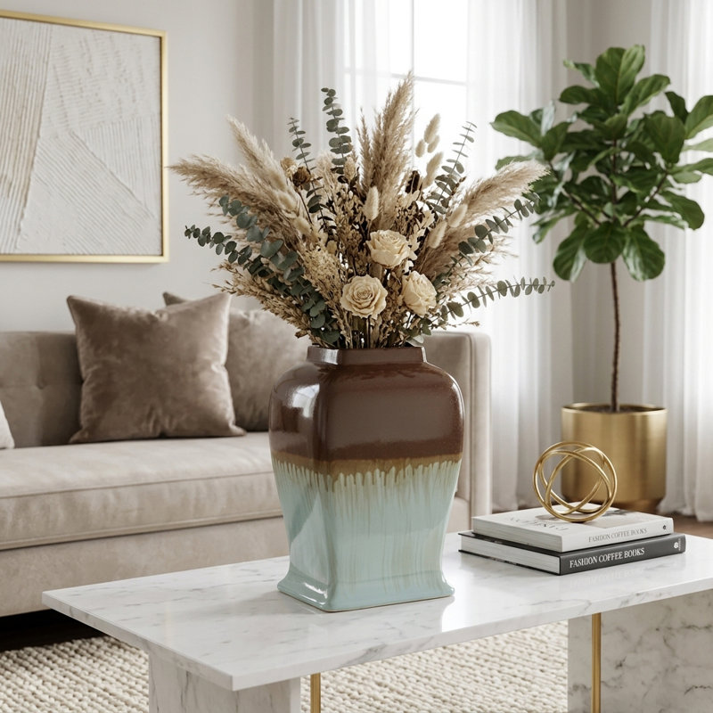 Contemporary Tall Ceramic Jar with Lid for Living Room or Shelves Display - Artistic 2-tone Table Jar for Modern Home or Office Decor - Brown & Blue