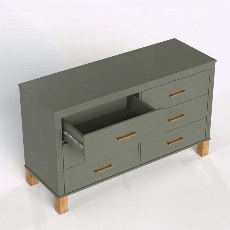 Commode 6 tiroirs moderne avec pieds en bois massif, Olive