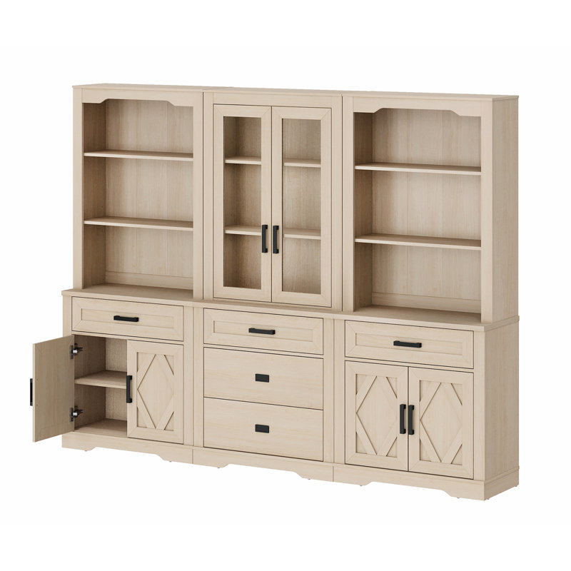 3 Column Bookshelf Set,5 Tier Book Shelf With Open Storage And Glass Doors,73"H Tall Wood Bookcase With Storage Cabinet And Drawers For Study,Bedroom,Living Room,Light Oak