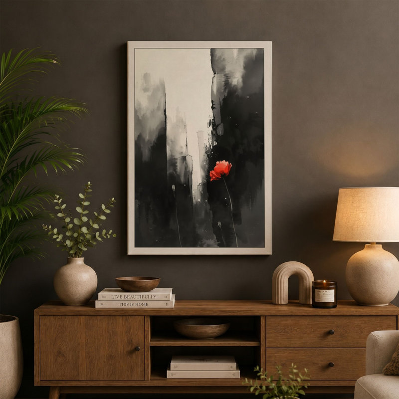 Red Bloom in Ruins Modern - Wrapped Canvas, 24x16 - 61.0 x 40.6 cm, Taupe Border