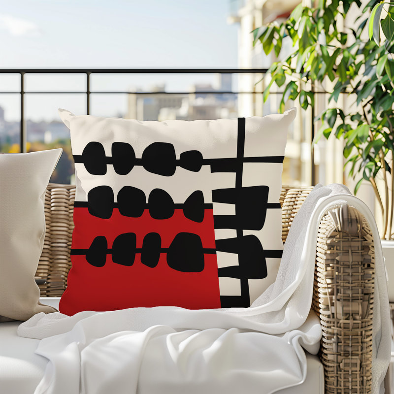 Oreiller carré réversible intérieur / extérieur Dola, H 19 po x l 19 po, Rouge / noir / blanc cassé abstrait