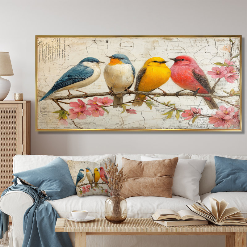 Rose, rose, oiseaux, branche, relaxation II, art mural, salon, Cadre flottant doré, H 28 po x l 60 po