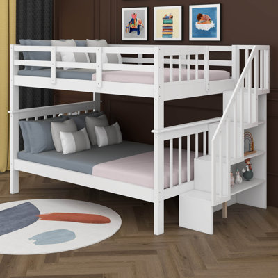 Full Over Full Size Bunk Bed, Convertible To 2 Platform Beds, Pine Solid Wooden Bunk Bed With Storage Staircase, Safety Guardrails