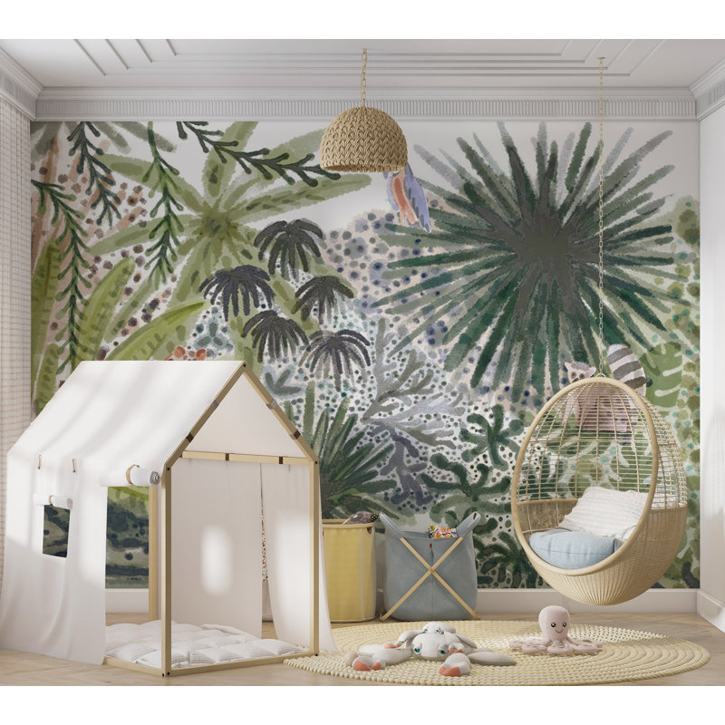 Papier peint pour enfants, paysage tropical avec des animaux, L 137 po x L 100 po