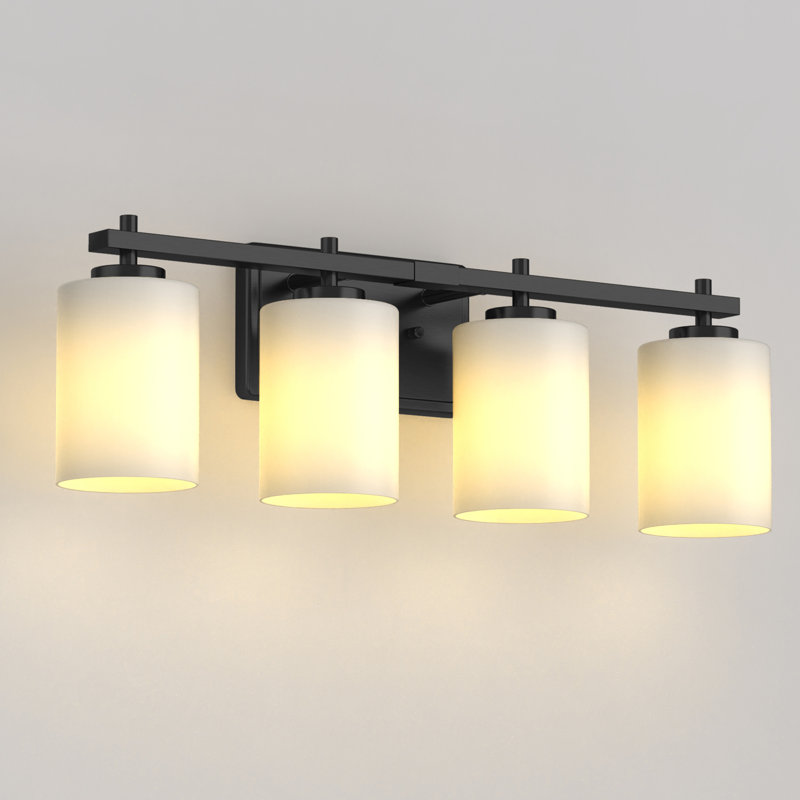 Luminaire pour salle de bain 4 lumières à abat-jour en verre à intensité variable, Noir mat, Blanc