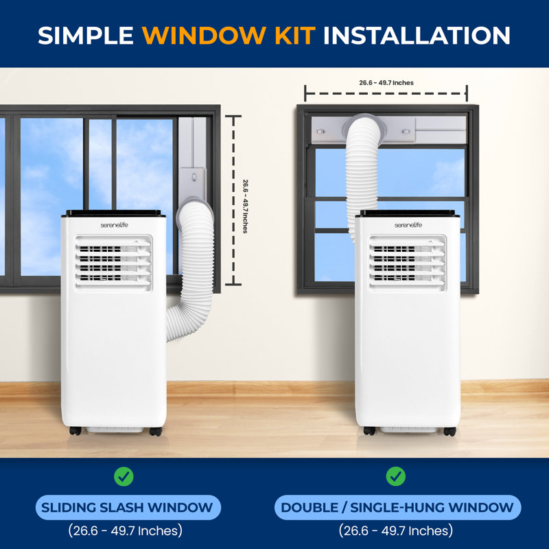 Climatiseur portatif à simple conduit SLACP803 Serenelife - capacité de 8 000 BTU (Ashrae) Unité de climatisation compacte pour la maison avec déshumidificateur intégré et modes de ventilation, avec ensemble de fixation pour fenêtre (blanc et noir)