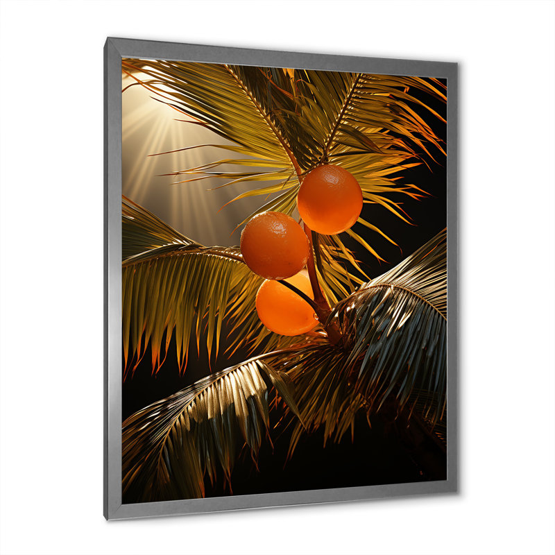 Coucher de soleil sur les feuilles de palmier tropical II sur toile, H 44 po x l 34 po x P 1,5 po, Encadrement argenté