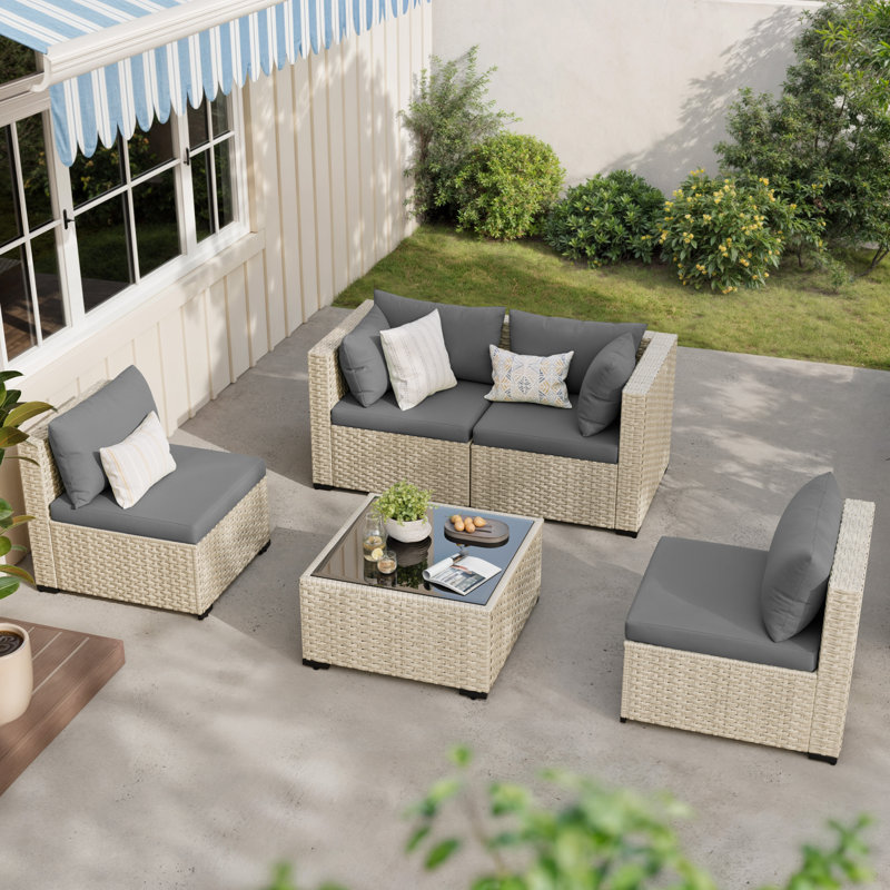 5 Piece Patio Conversation Set With Coffee Table And Cushions, Gray