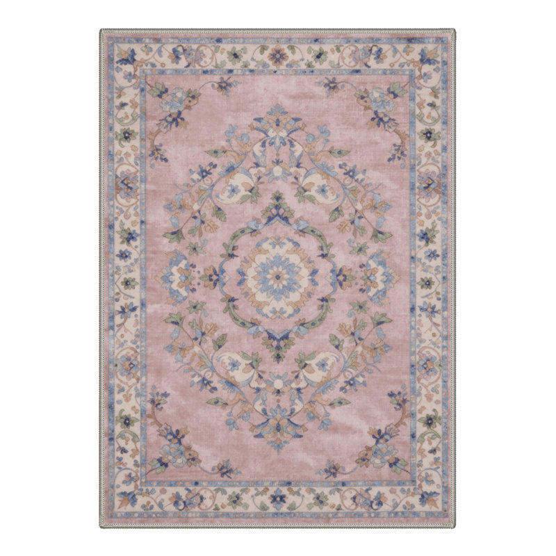 Tapis intérieur rose / bleu / beige lavable à la machine Wildomar avec envers antidérapant, Rectangle 9' x 12'