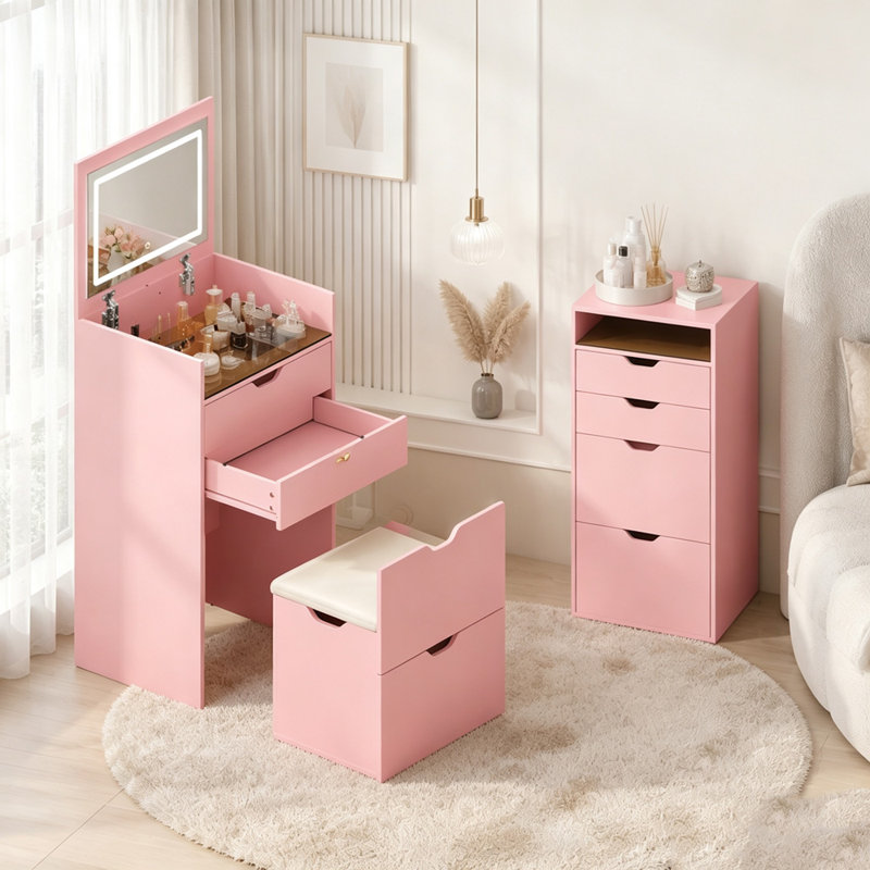 Ensemble coiffeuse 3 en 1 avec miroir rabattable et tabouret de rangement dissimulé