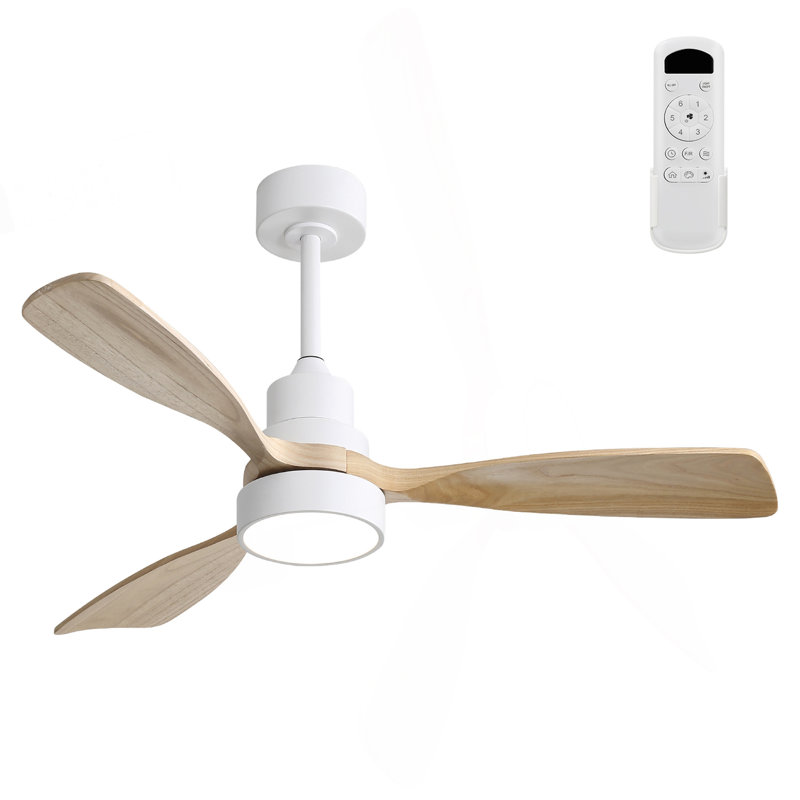 Ventilateur de plafond 48 pouces avec 3 pales en bois massif et télécommande pour salon, Blanc, Naturel