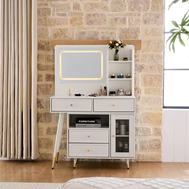 Compact White Bedroom Makeup Vanity With 3 - Color Lighting, Retractable Drawers, Fluted Glass Door, And Ergonomic Stool Desk Adjustable Mirror Lights, Interchangeable Cabinet, Power Outlet