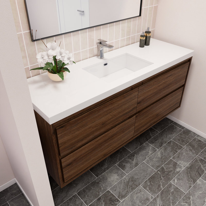 Azden 60" Wall-Mounted Single Bathroom Vanity Set, Smoke Oak