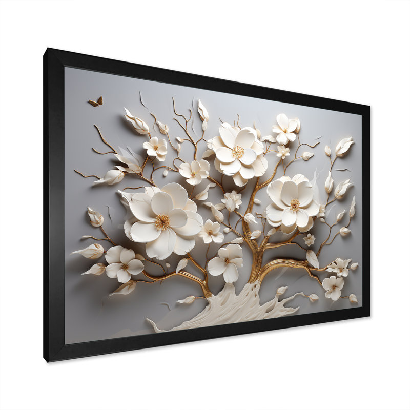 Orchidée blanche jardin de branches 10 - Art mural floral abstrait pour le salon, Cadre d'angle fermé noir