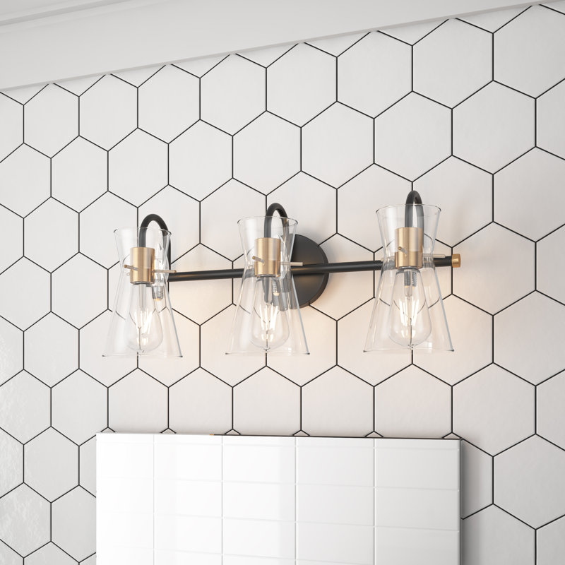 Black & Brass Vanity Light with Glass Shade, Dimmable, E26 Base – UL Certified, 9.45" H x 21.85"W x 6.89"D, 3 Lights