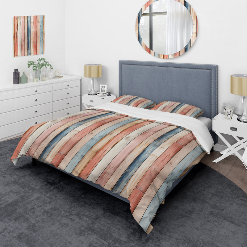 Literie à motif rayé rose Farmank Planks, Housse de couette simple + 1 taie décorative stan