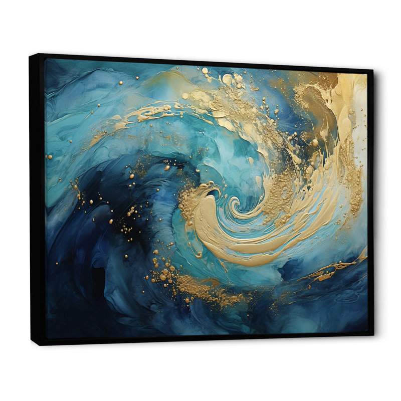 Golden Sapphire Surge IV - Abstract Spirals Wall Art Living Room, H 16 po x l 32 po x P 1 po, Cadre flottant noir