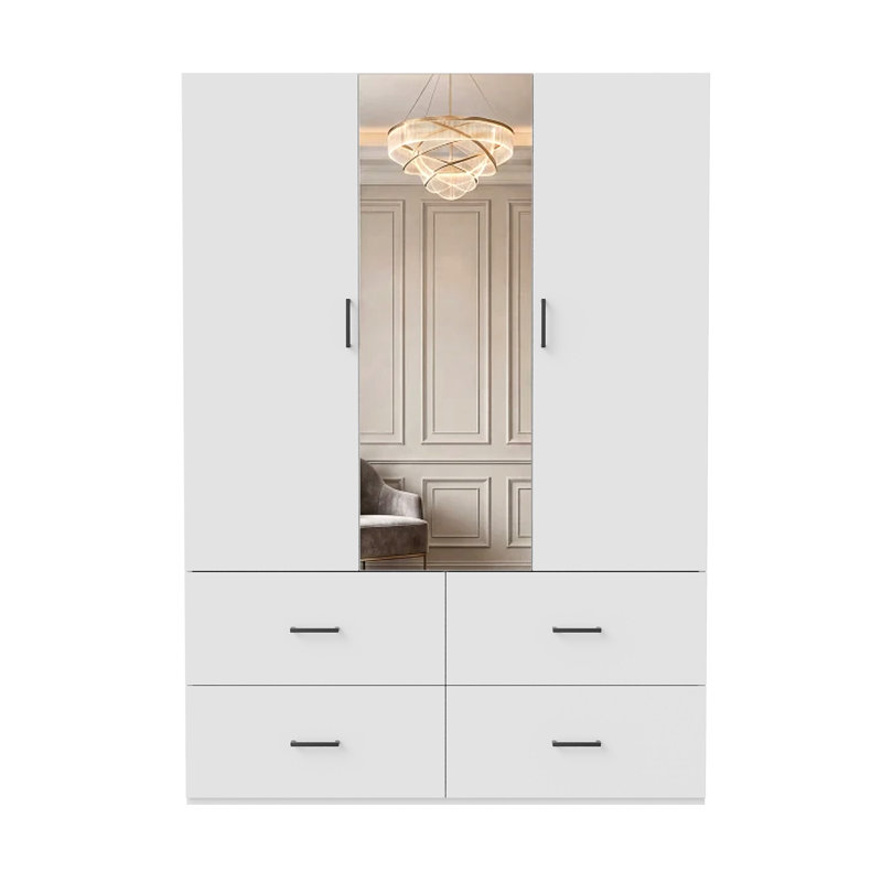 130/160cm W Modern Wardrobe with Drawers & LED Lights, Freestanding Clothes Armoire with Mirror, White & Fluted Glass