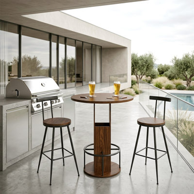 Ensemble de table de bar et tabouret 3 pièces, barre de salle à manger en bois compacte avec repose-pieds en métal