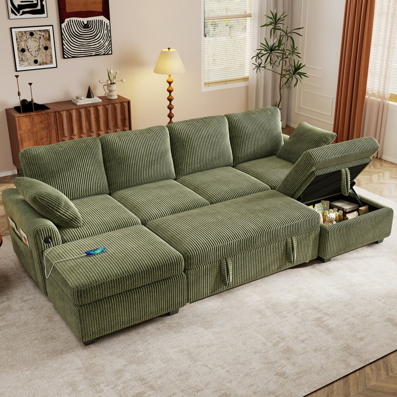 Macleod 104" Upholstered Corduroy U Shaped Modular Sectional Sleeper Sofa with Pull Out Bed and Two Storage Ottomans, Green 