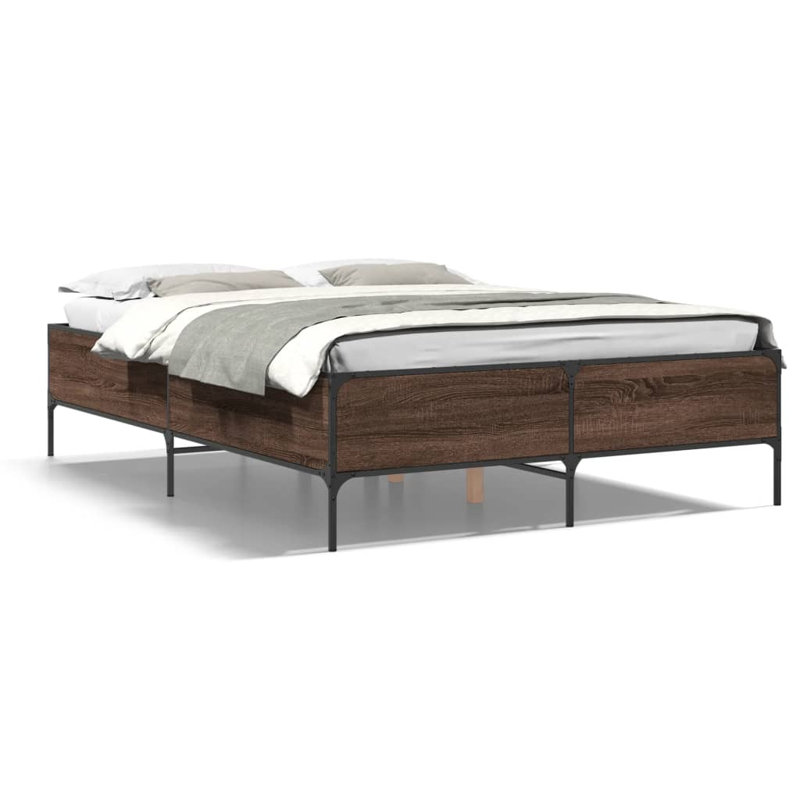 Vidaxl Bed Frame Engineered Wood And Metal, Double (4'6), Brown Oak
