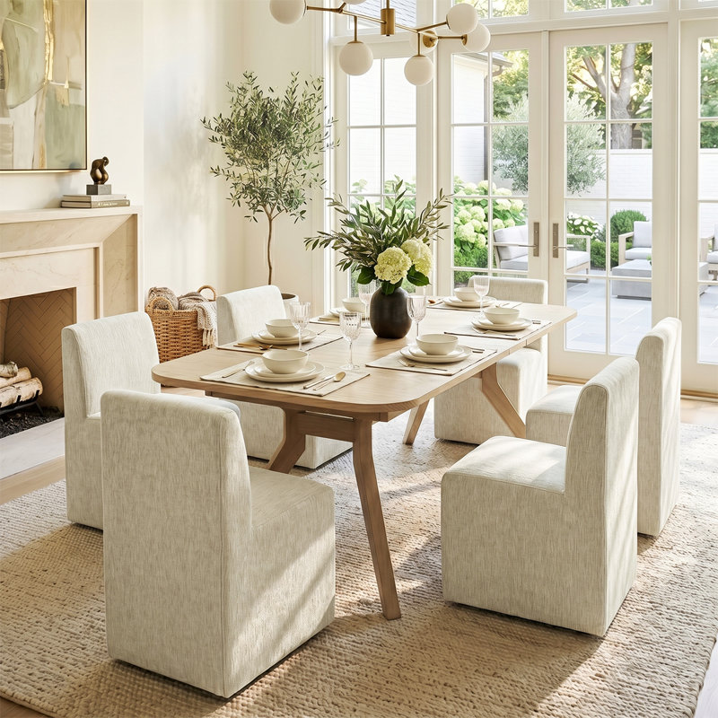 Ensemble de table de salle à manger extensible de 244 cm (96 po) avec 6 chaises de salle à manger rembourrées en chenille et à roulettes
