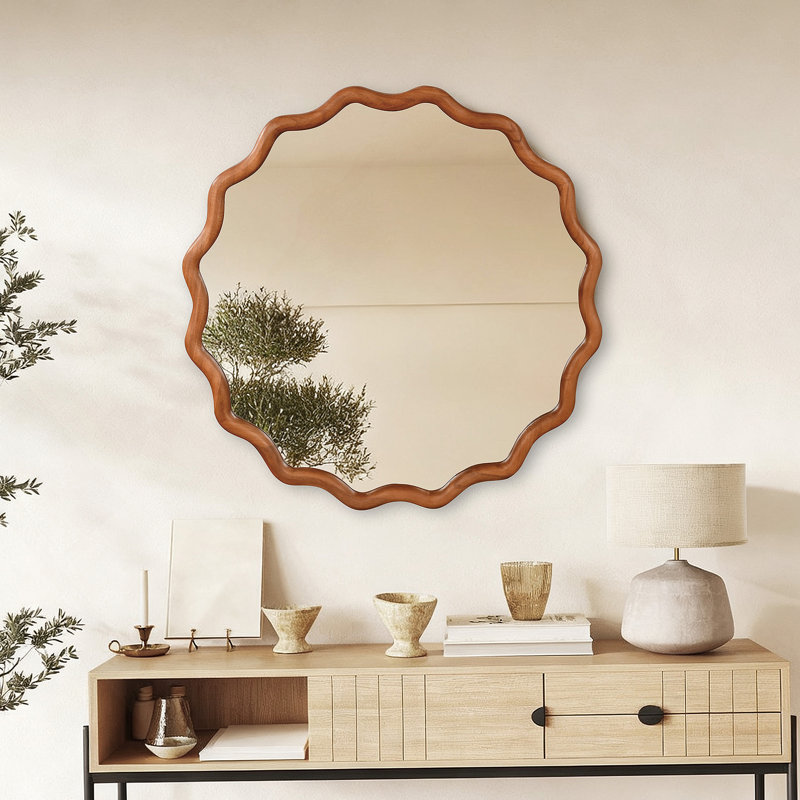 Miroir d'appoint à cadre en bois pour chambre à coucher, salle de bain, salon, entrée, Rond, Brun, 36" x 36"