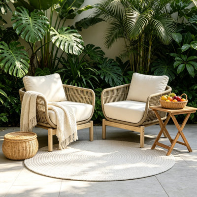 Viola Acacia Wood Rope Weaving Patio Outdoor Single Sofa With Cream Cushions
