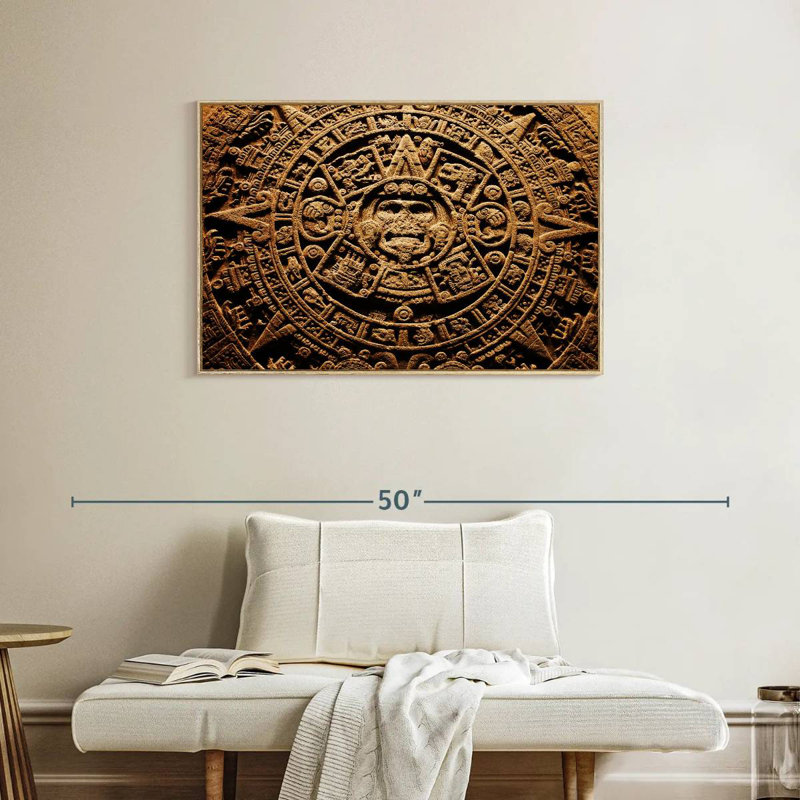 Ancien calendrier aztèque, Cadre flottant en bois naturel, 37 po x 25 po