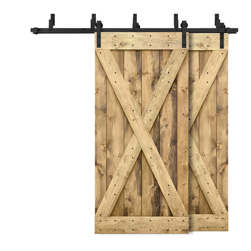 Porte de grange à panneaux et en bois avec quincaillerie d'installation, 68 po x 84 po, Chêne vieilli