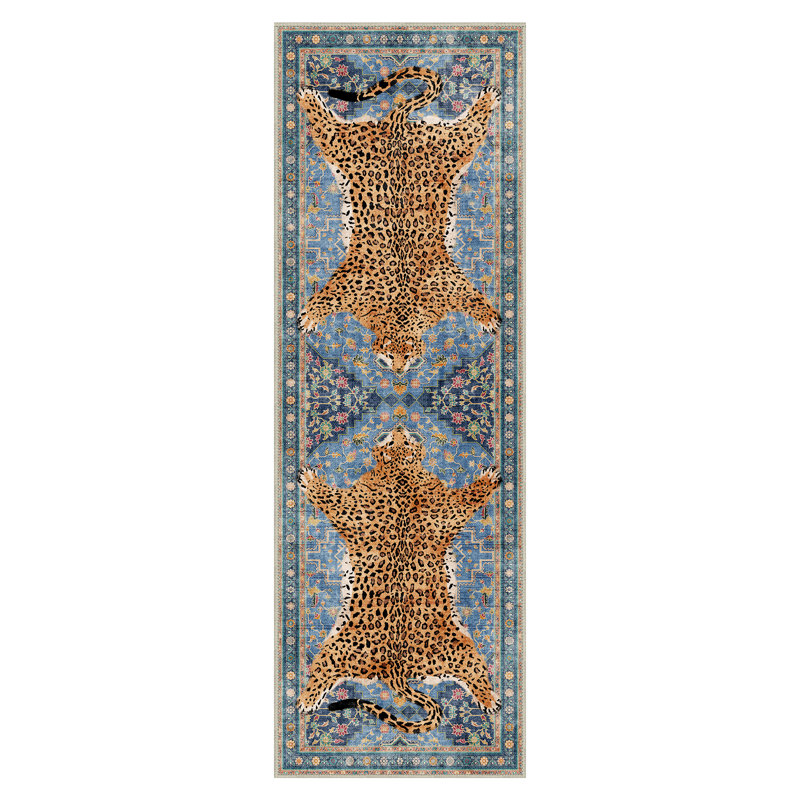 Aura Animal Print Machine Washable Blue / Yellow Indoor Area Rug with Non-Slip Backing, Runner 2'3" x 6'
