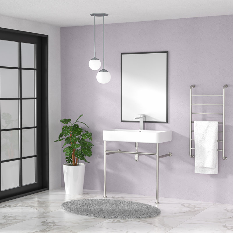 Console de salle de bain rectangulaire en céramique blanche et dorée avec trou de trop-plein, Blanc / Doré