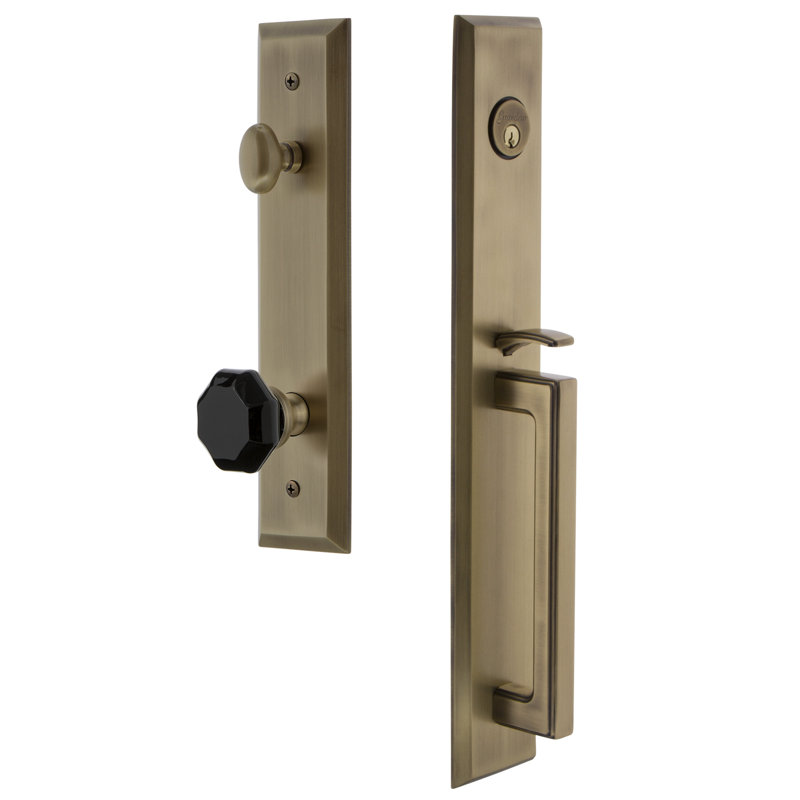 5th Avenue Handleset with Single Cylinder Deadbolt and Lyon Door Knob and Rosette, Vintage Brass, 2.75"