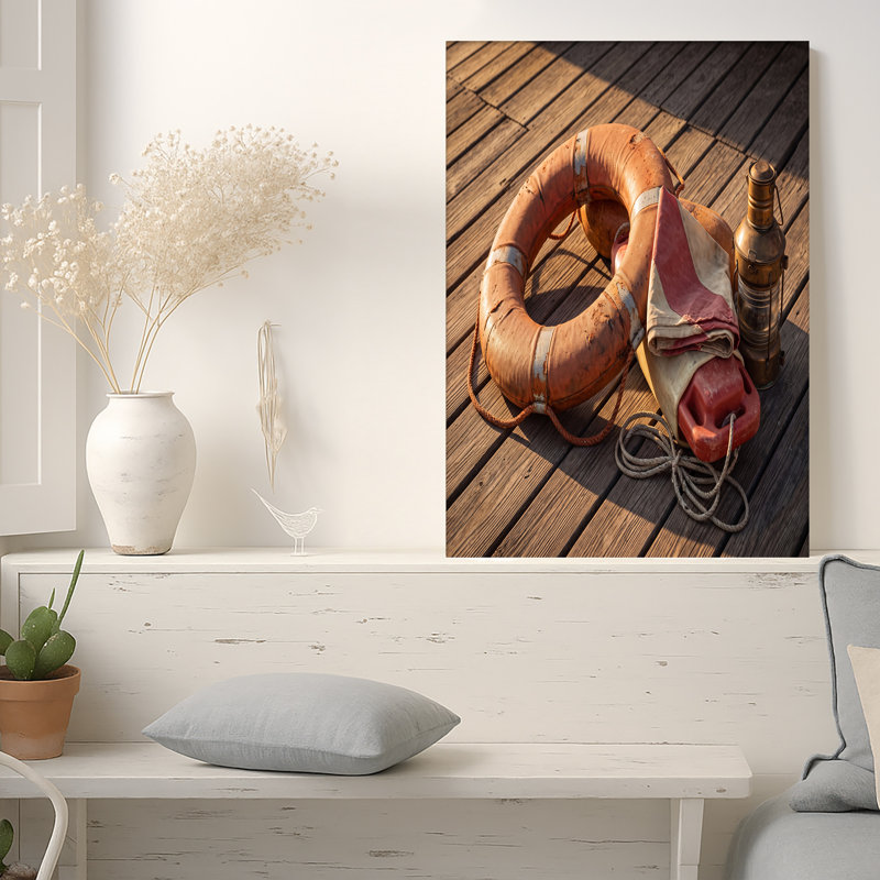 Art mural rétro sur toile en forme de bouée de sauvetage avec lanterne en laiton, 24"H x 36"W