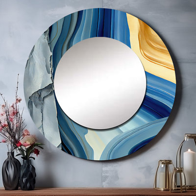Steeve Bold Blue Brush Strokes III - miroir décoratif à spirales abstraites, miroir mural rond moderne, impression d'art en métal