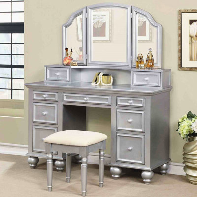1Pc Vanity With Stool , Transitional Style, Silver Shine, 3 - Sided Mirror, Solid Wood Drawer Storage For Bedroom And Toned, Drawers Decor