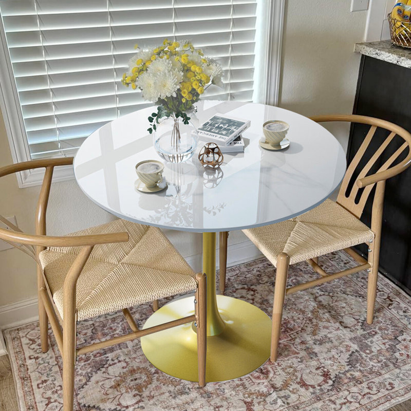 Cleofus Round Metal Base Dining Table, Gold, Glossy White, 30.9" H x 29.92" L x 29.92" W