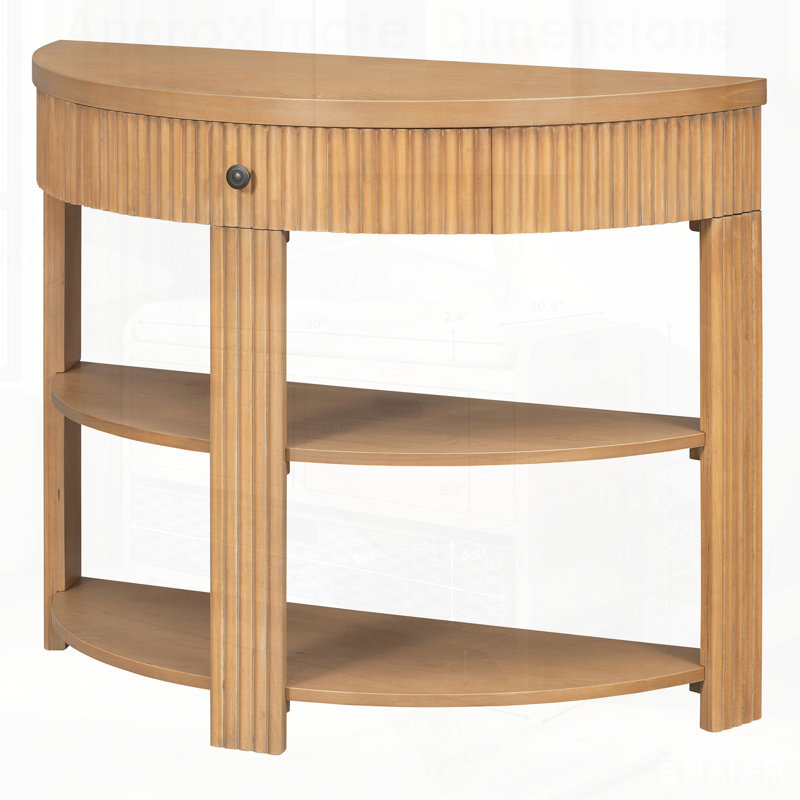 Console cannelée demi-lune avec tiroir et 2 tablettes pour le hall d'entrée, le salon et le couloir, Naturel, Naturel