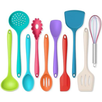 Silicone Kitchen Utensils, Non Toxic Cooking Utensils Set for Nonstick Cookware, Kitchen Gadgets Tools Set of 10 - Colorful