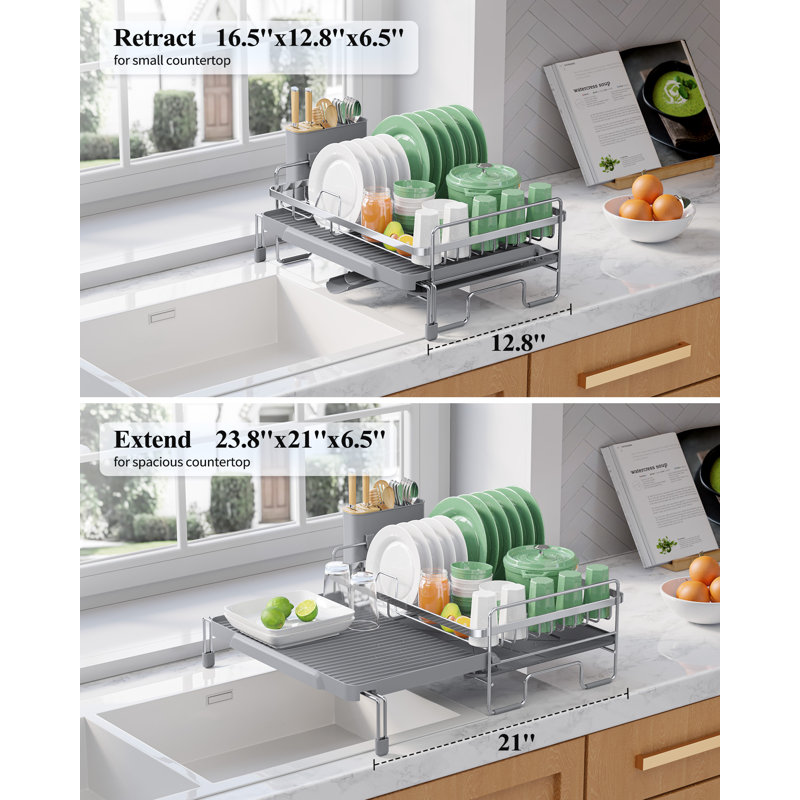 Extendable Dish Drying Rack - Adjustable Length 12.8"–21.0", Auto-Draining Dish Rack for Kitchen Counter, Rust-Resistant Metal Frame Over-Sink Support for Plates, Bowls & Utensils, Sliver Grey