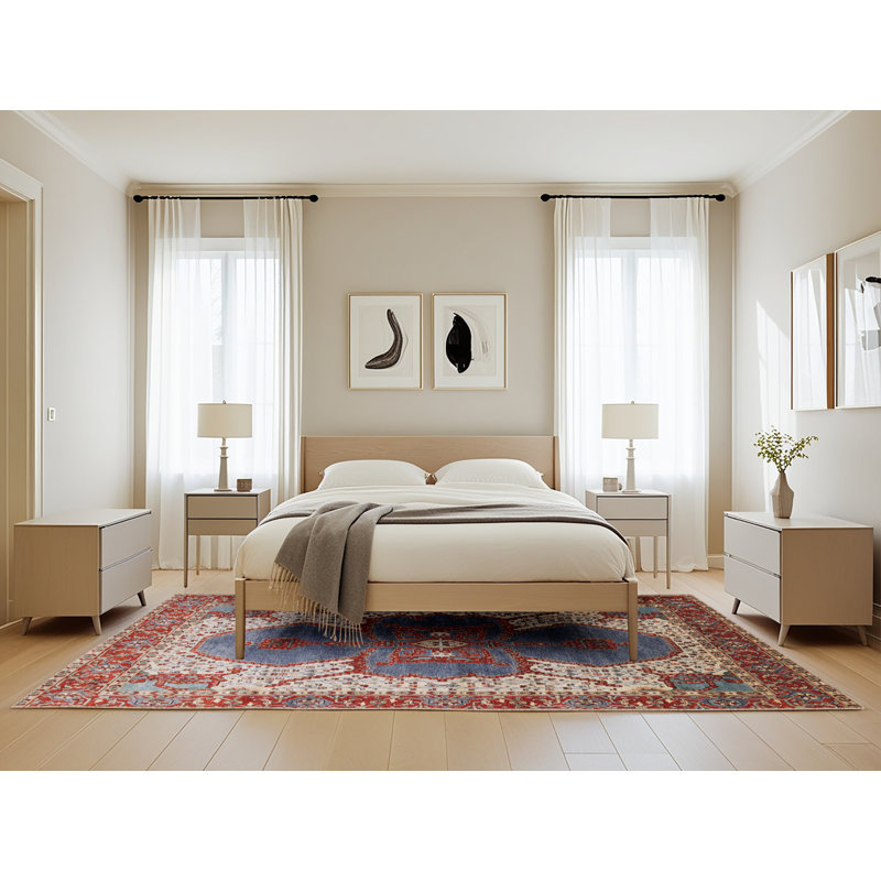 Tapis géométrique rouge / bleu / beige, Rectangle 5 pi x 8 pi