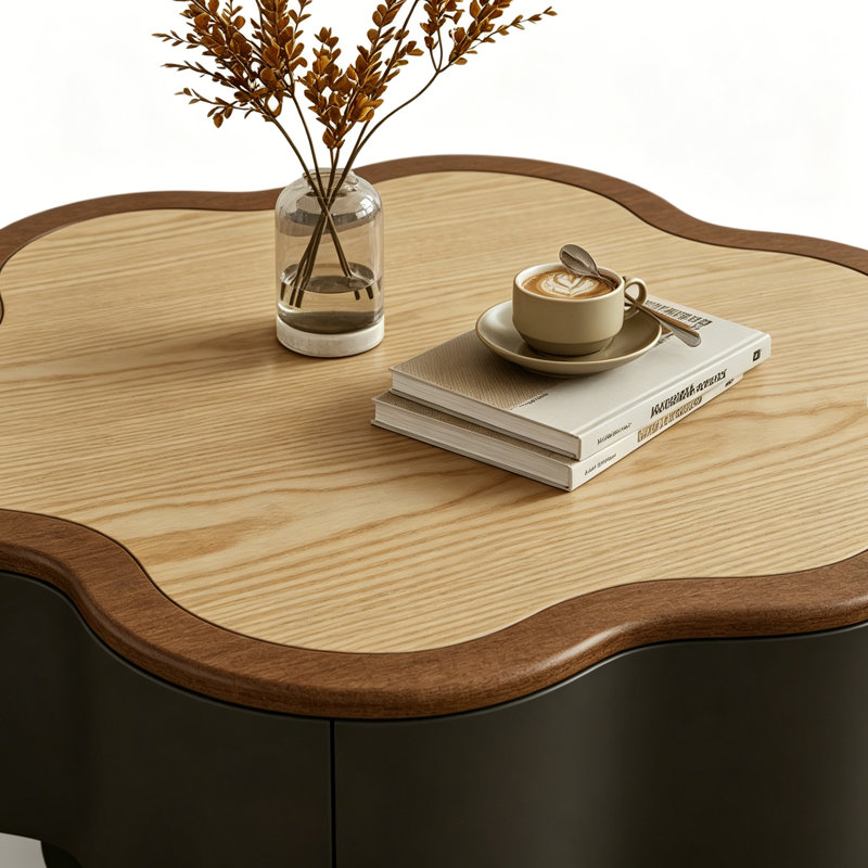 Table basse à pétales rétro français, 13" H x 31.49" L x 31.49" W, Black/Burlywood/NutBrown