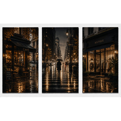 Très grand ensemble de 3 impressions de Moody City Street Wall Rainy Urban Night, impression sur toile de salon moderne, impression sur toile 24 x 36 pouces - prête à être accrochée