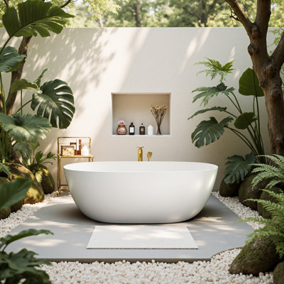 StonePure 61"×30" 61" × 30" Solid Surface Freestanding Soaking Bathtub, Deep Soaking Tub with Overflow ,Pop-Up Drain, 70-Gallon Capacity