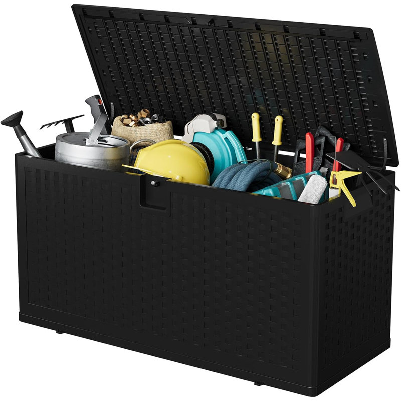 Boîte de rangement en résine imperméable 73 gallons avec texture en rotin, rangement verrouillable résistant aux rayons UV pour le patio, le jardin et l'intérieur