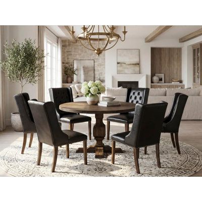 Ensemble de table et chaises de cuisine 7 pièces comprenant une table de salle à manger ronde avec piédestal et 6 chaises de salle à manger Parson en similicuir noir patiné