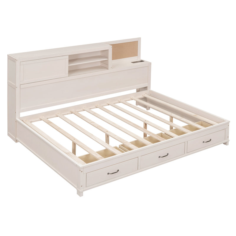 Lit de jour en bois pleine grandeur avec 3 tiroirs de rangement, tablette souple supérieure, tablette et ensemble de prises et ports USB, blanc