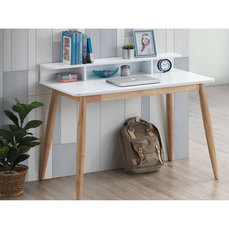 Bureau de style Mid-Century moderne avec 3 tablettes ouvertes blanches et bois d'hévéa l 43 po x P 34,4 po