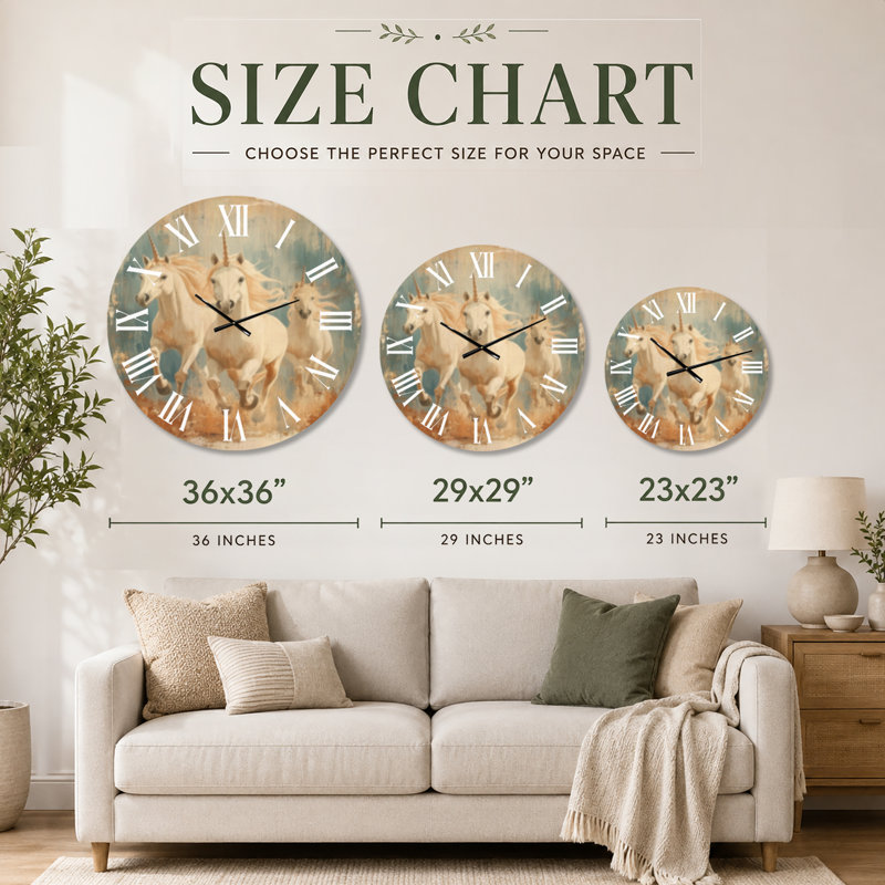 Horloge murale pour enfants « Trio de licornes au galop », imprimée sur bois, Médium