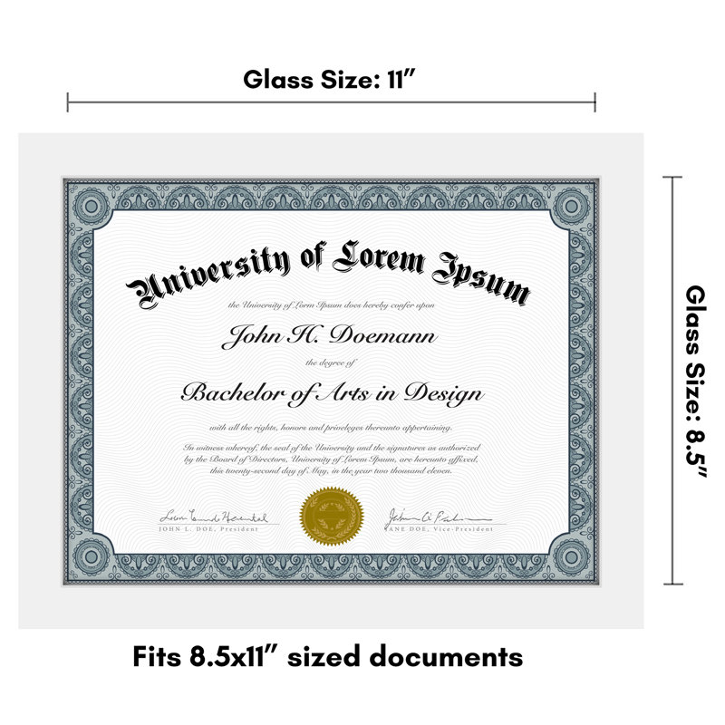 Cadre de diplôme Mihir 8,5 x 11 po avec support de table - bois et verre, Blanc